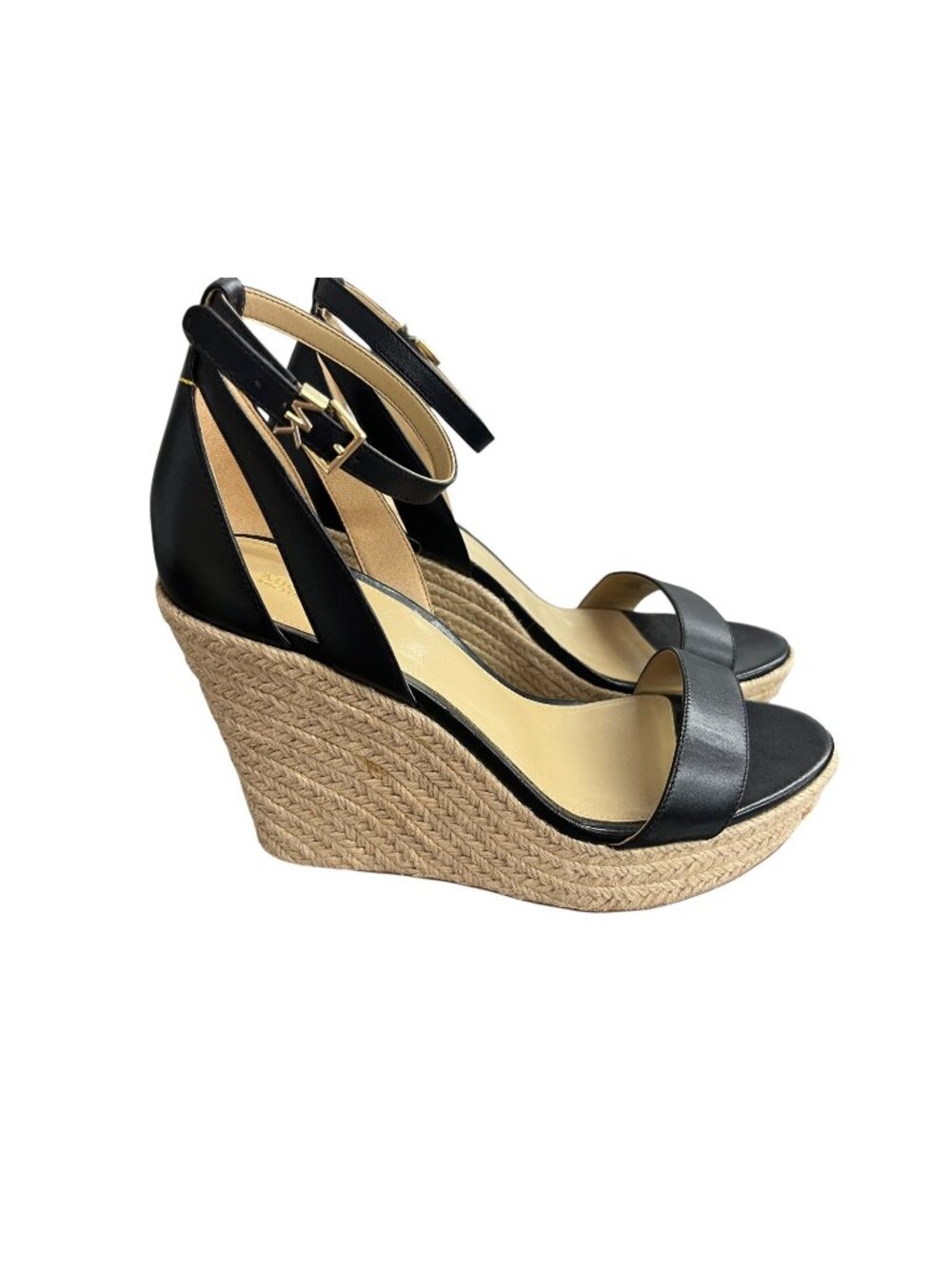 Michael Kors Kimberly Black Leather Espadrille Wedge Sandals Size 10M